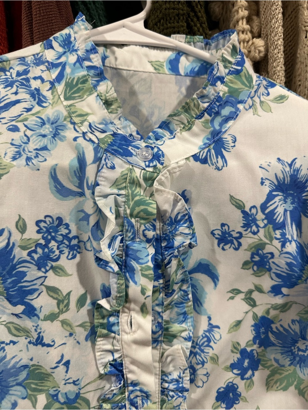 Blue & White Floral Ruffle Sleeve Blouse - Picture 6 of 6